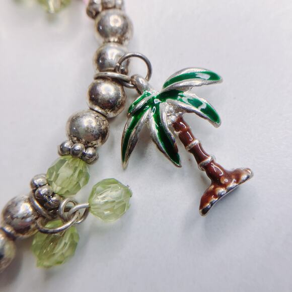 VTG Silver-Plated Y2K Charm Bracelet, Tropical Enamel Palm Trees Plastic Beads - Picture 3 of 6
